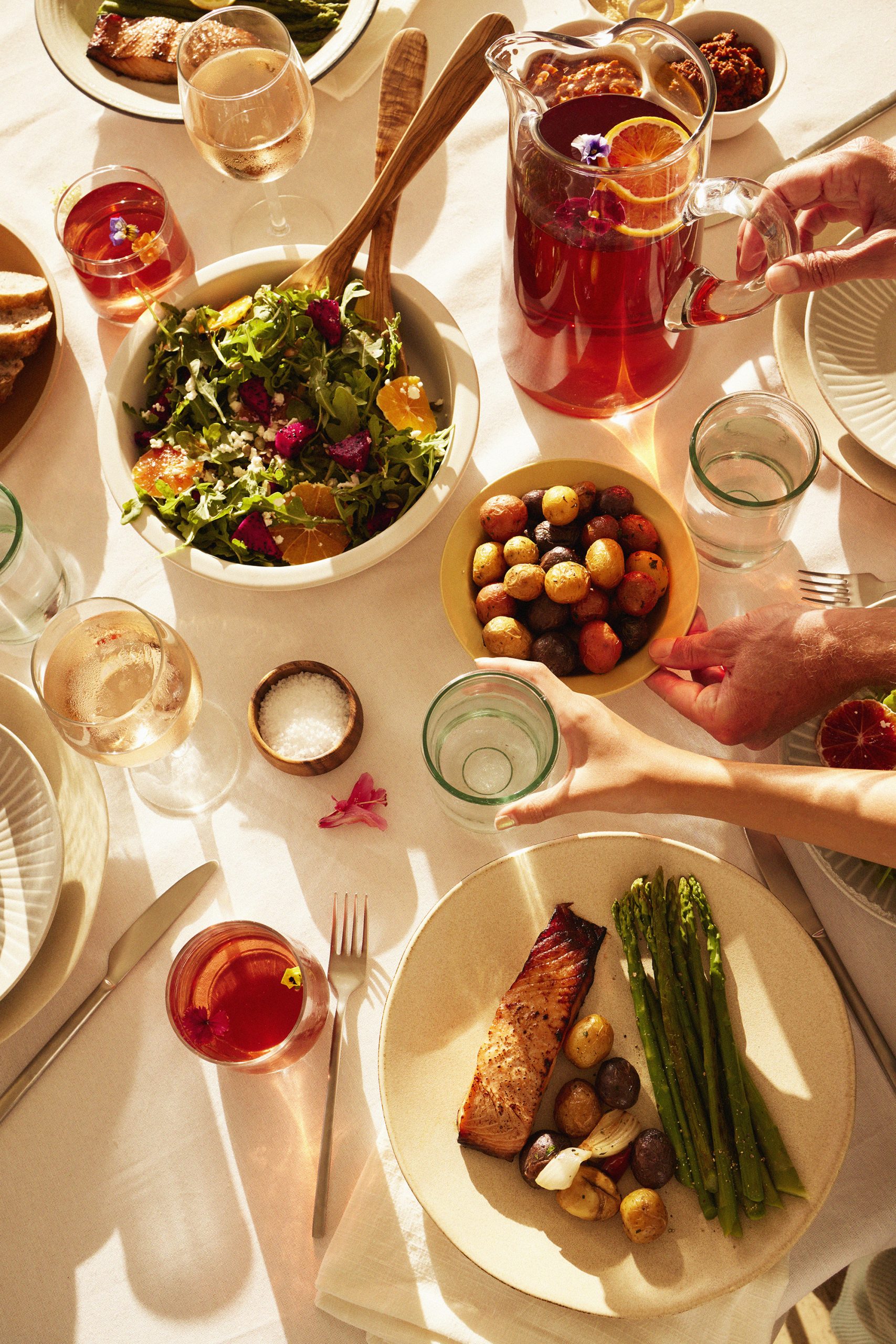 Table with servings of food and beverages