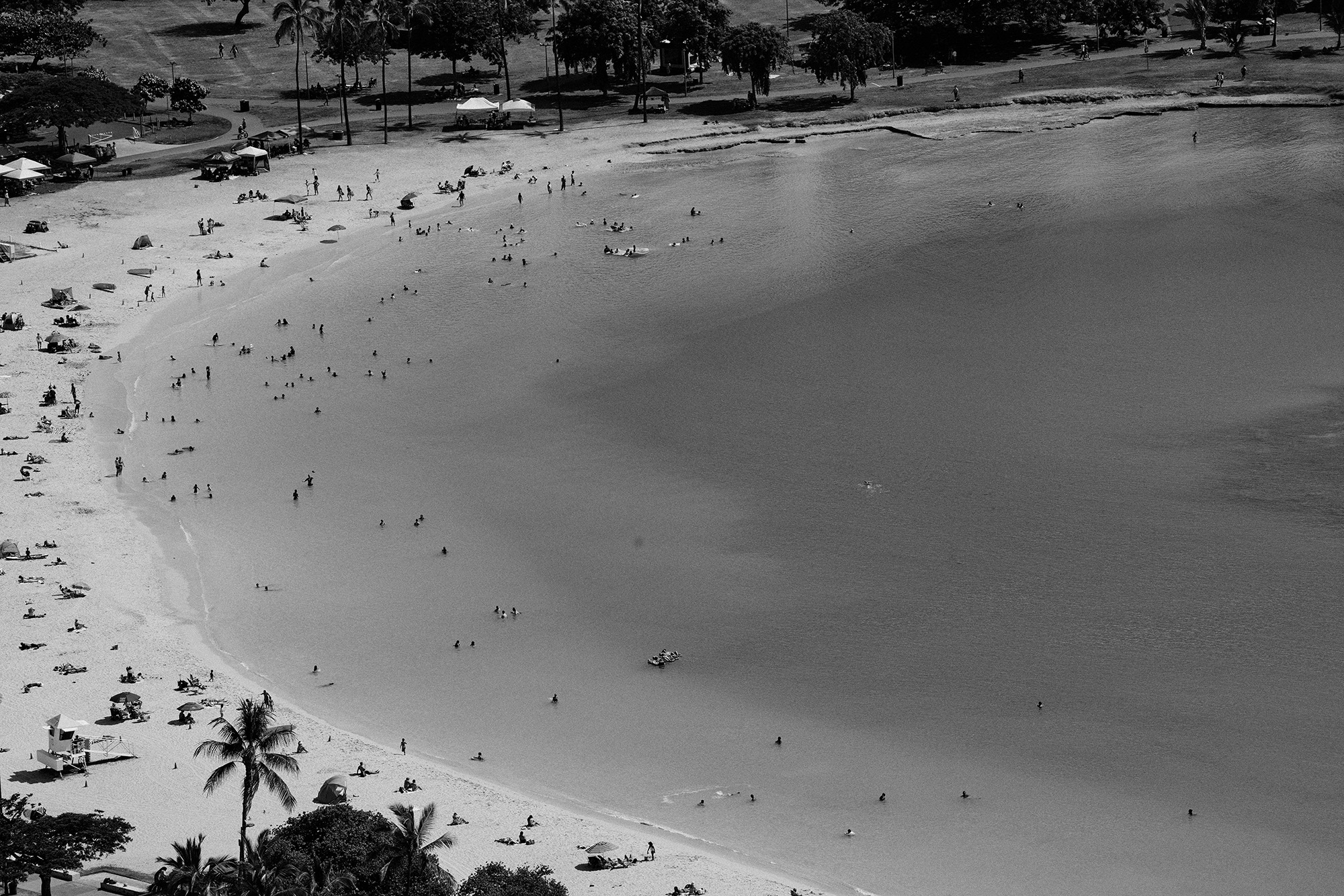 Aerial image of beachgoers at shoreline