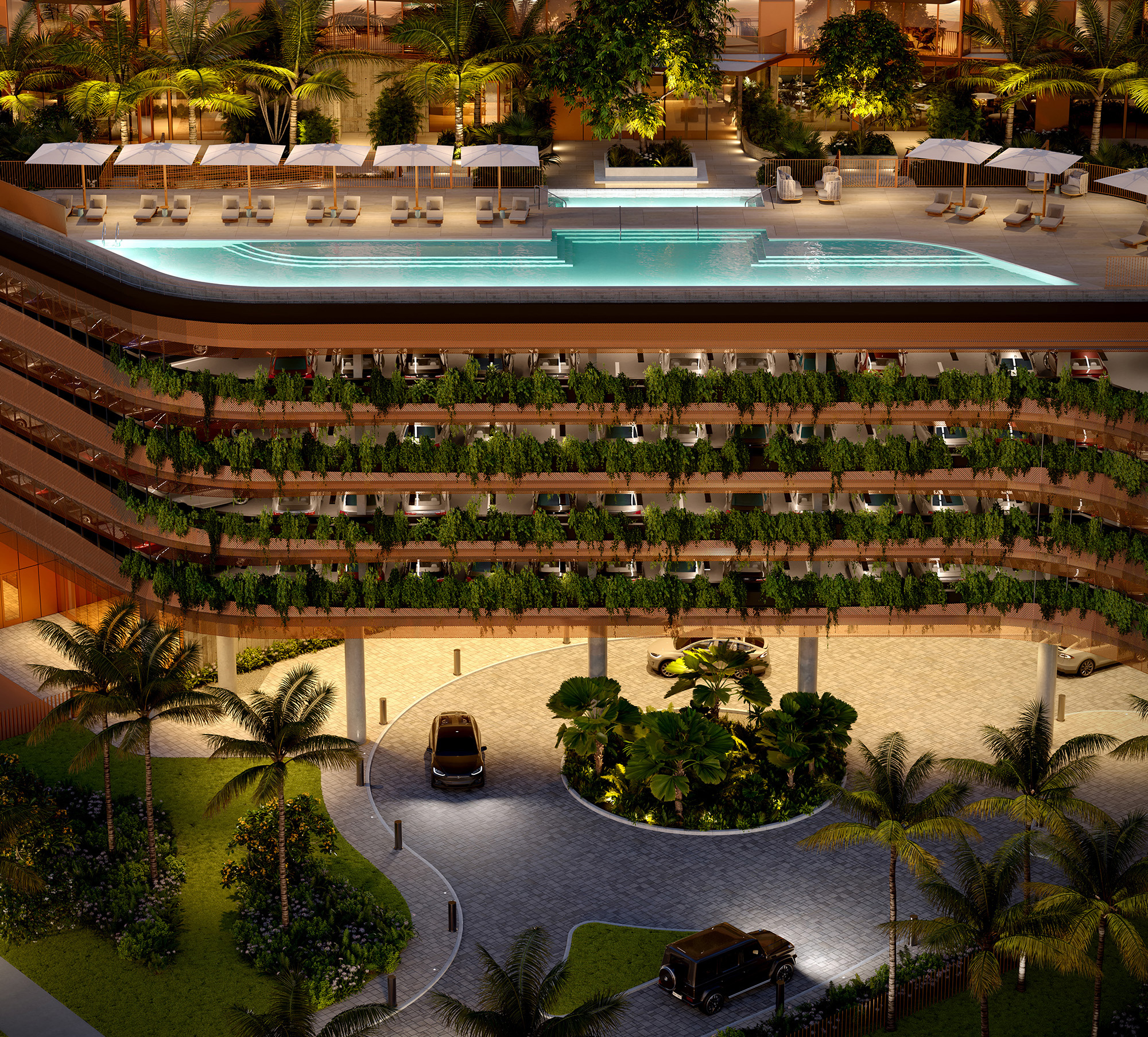 Rooftop pool deck and building entrance