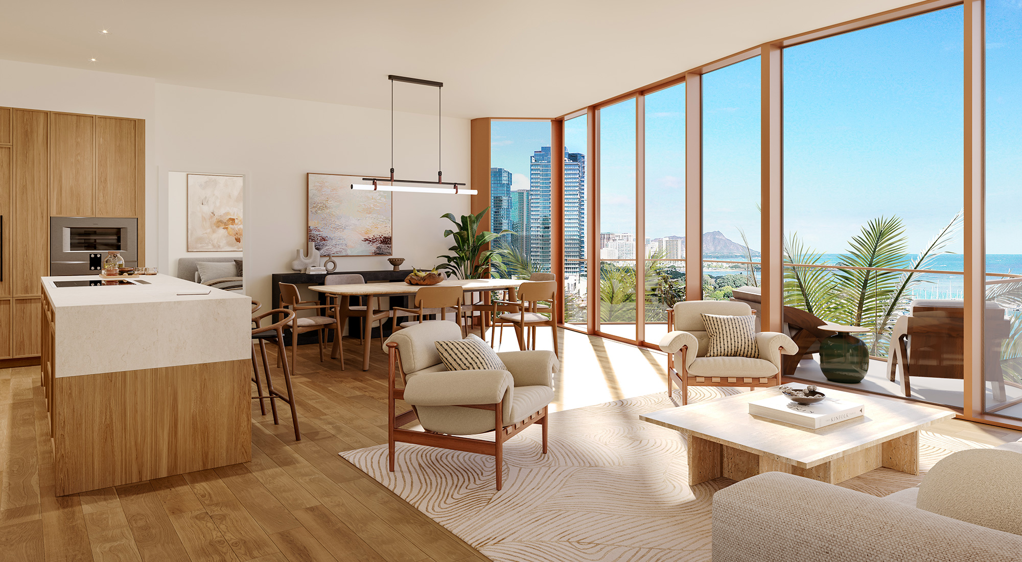 Living room with skyline and ocean view