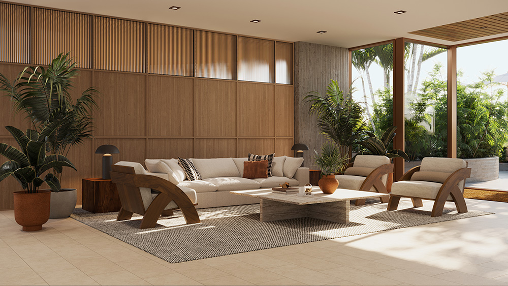 Interior room design with furniture
