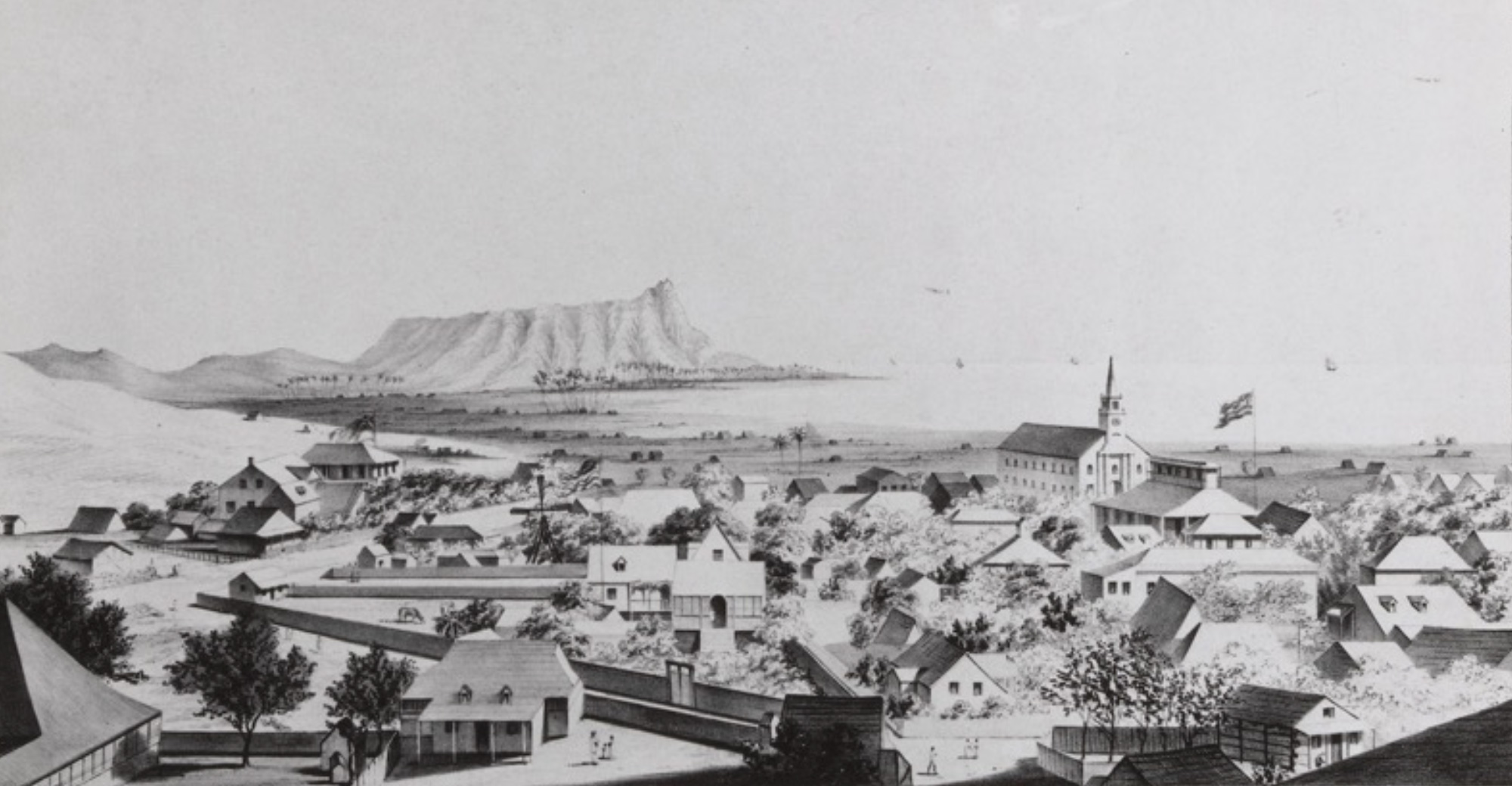 Black and white photo of historic Honolulu