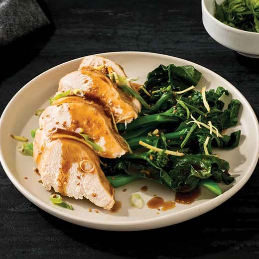 Steamed Chicken with Asian Flavors and Chinese Broccoli